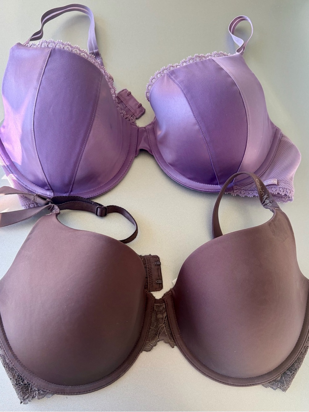 2 Calvin Klein Bras - Lavender & Plum Lace-Trim Push-Up Bras. 34D.